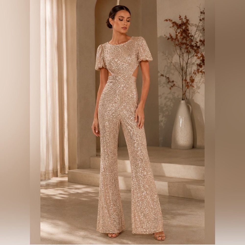 Mac Duggal Leena Rose Gold Sequin Puff-Sleeve Cutout Jumpsuit